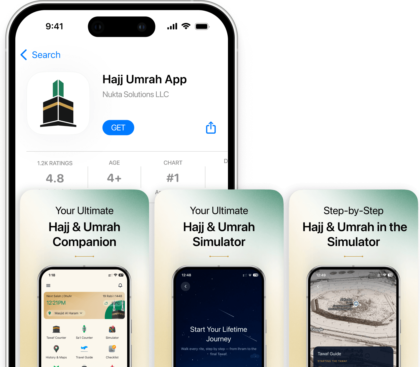 The Hajj Umrah App listing on a phone app store, with preview screenshots